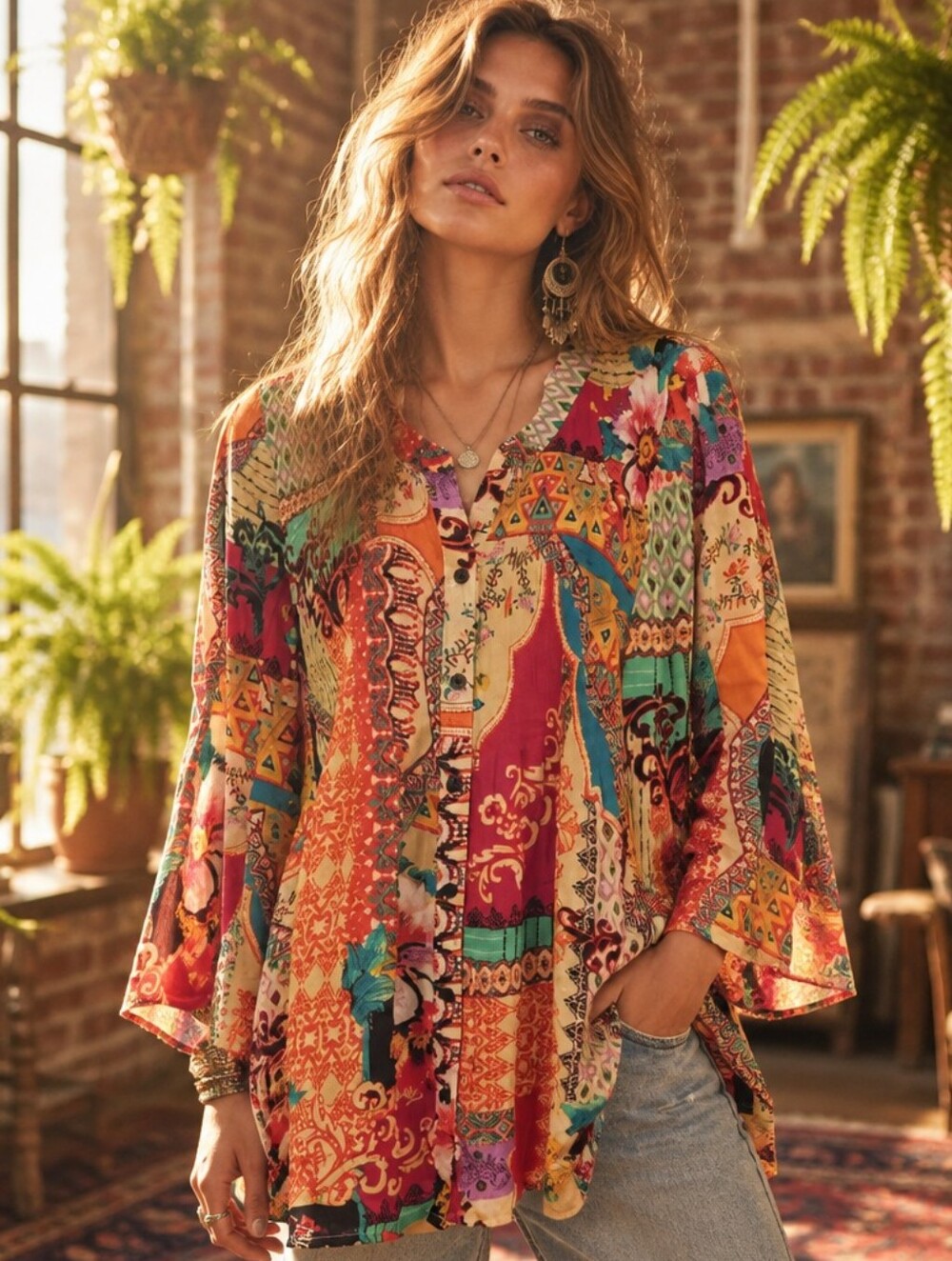 Spense Women's Abstract Print Blouse in Red & Multicolor XL Like 